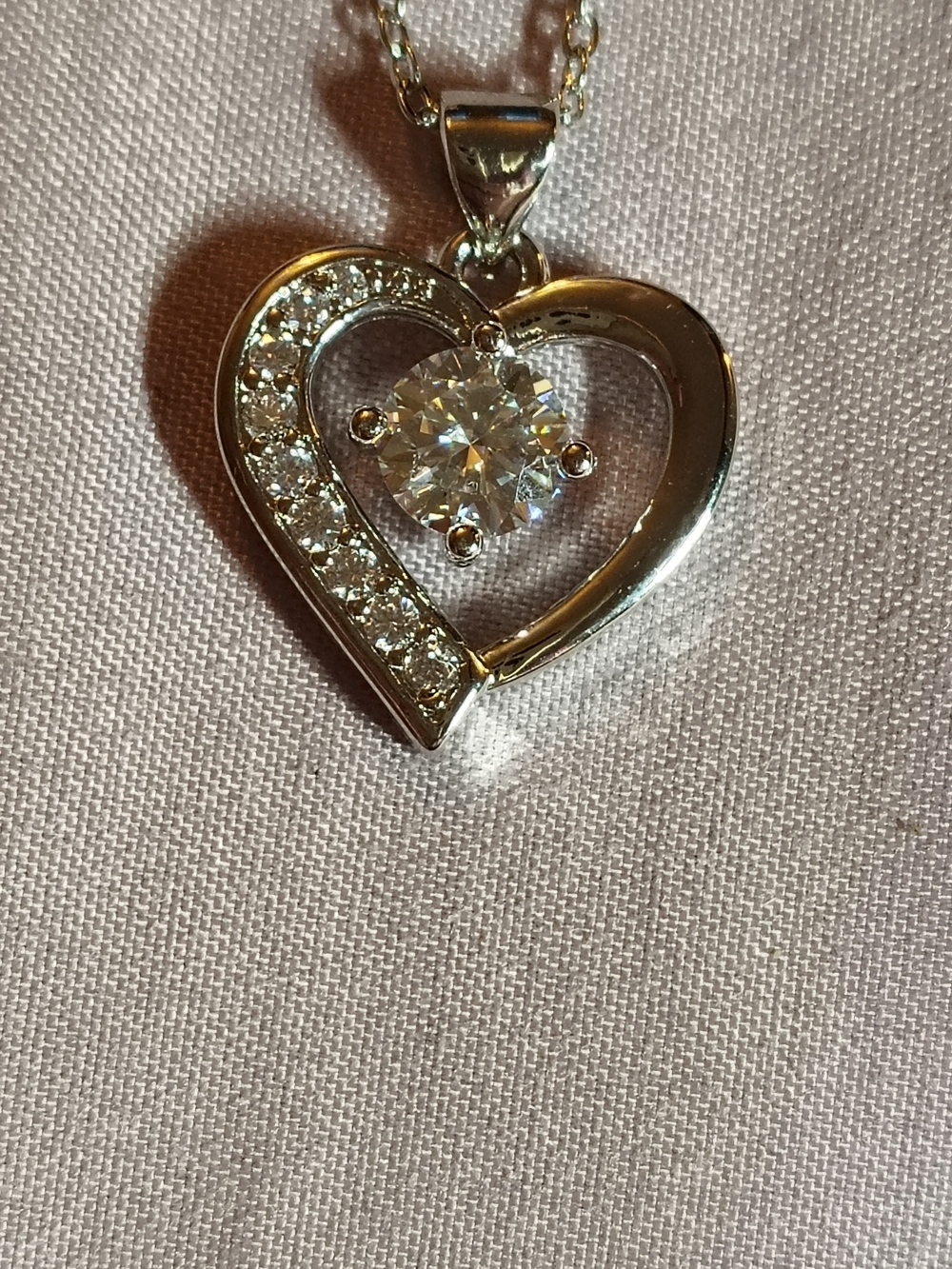 Silver Heart Pendant 15" Necklace with Moissanite Stones
